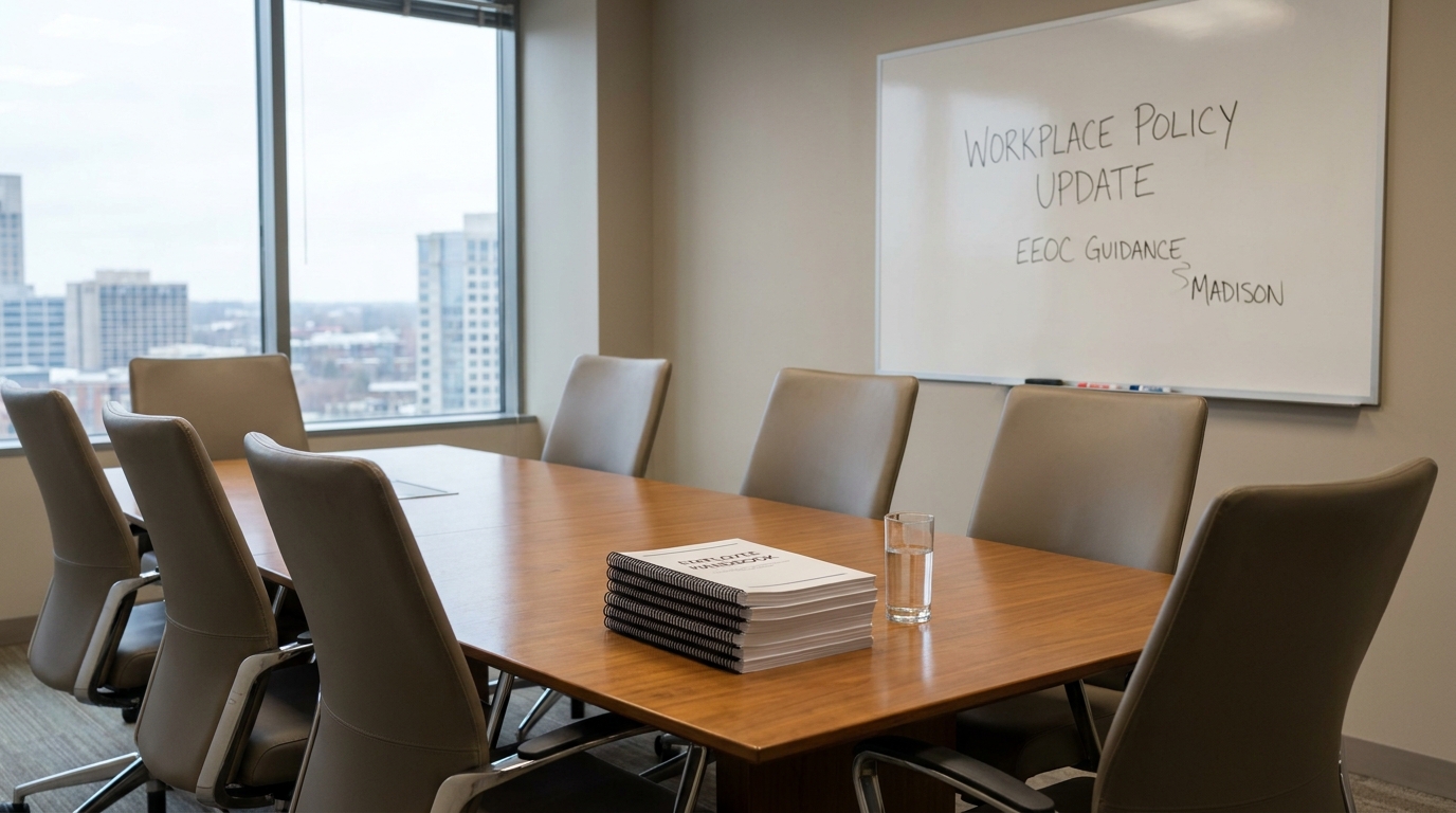 EEOC Harassment Guidance Changes Madison Wisconsin Workers Conference room with whiteboard reading workplace policy update and EEOC guidance