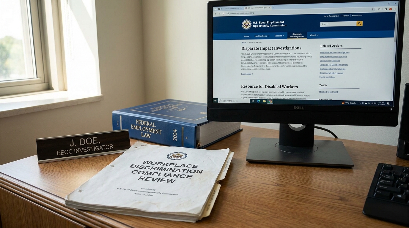 EEOC Disability Discrimination Enforcement Changes California Workers EEOC investigator desk with compliance review file, Federal Employment Law book, monitor
