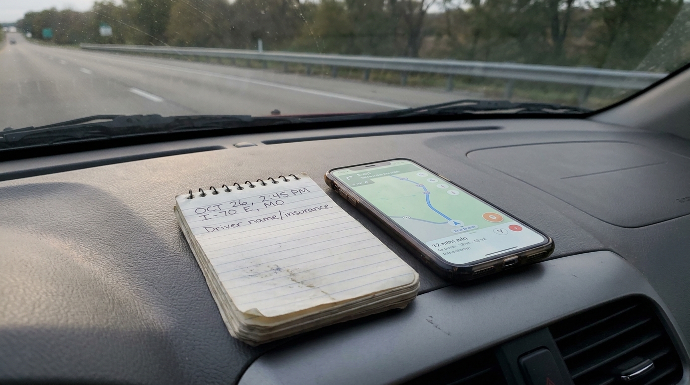 Documenting Missouri Car Accident Evidence Notepad and Phone notepad on dashboard reading Oct 26 I-70 MO driver name insurance beside smartphone navigation