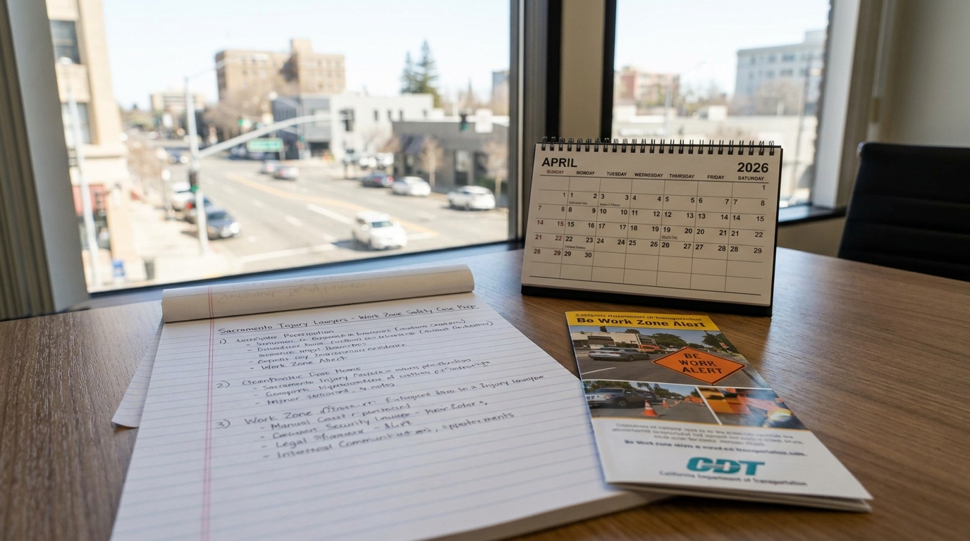 Sacramento Injury Lawyer Reviewing Caltrans Work Zone Safety April 2026 Handwritten work zone case notes beside CDT Be Work Zone Alert brochure and April 2026 calendar