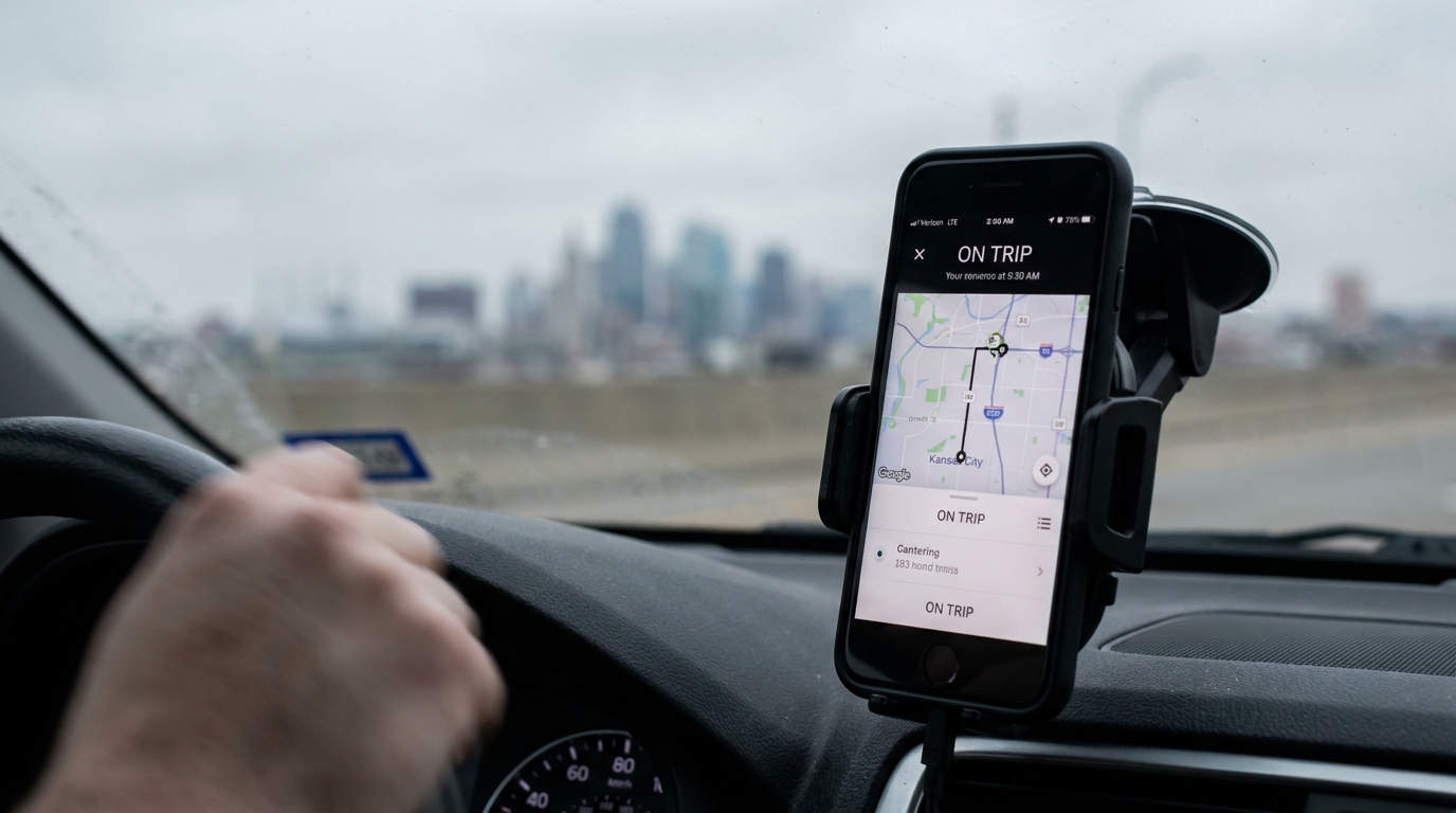 Uber Driver On Trip Kansas City Rideshare Liability rideshare driver holding steering wheel with phone mounted displaying ON TRIP navigation map