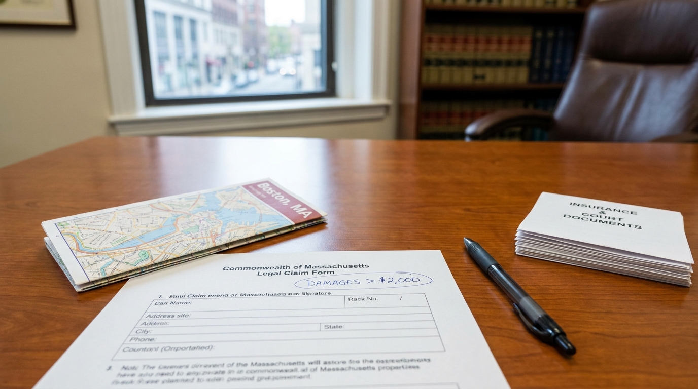 Commonwealth of Massachusetts Legal Claim Form with damages notation beside insurance court documents