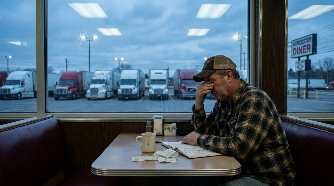 truck driver sitting alone at Worcester Diner booth reviewing logbook with semi-trucks visible outside