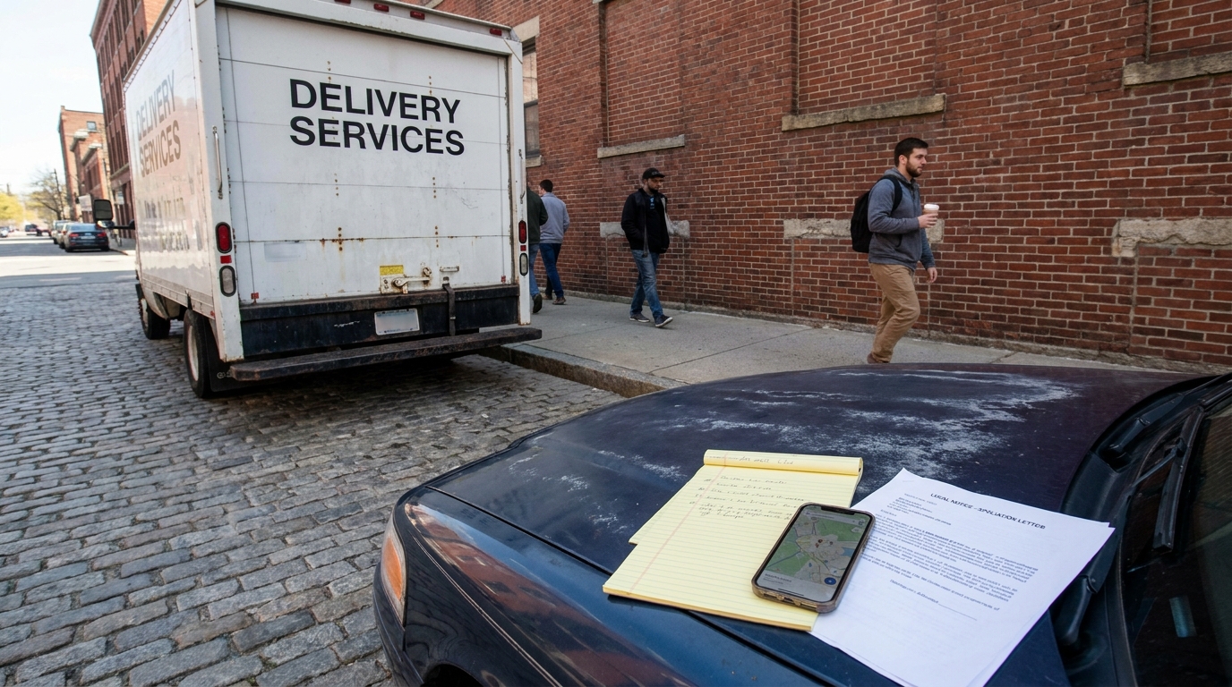 Legal Notice Spoliation Letter and notepad on car hood near delivery services truck