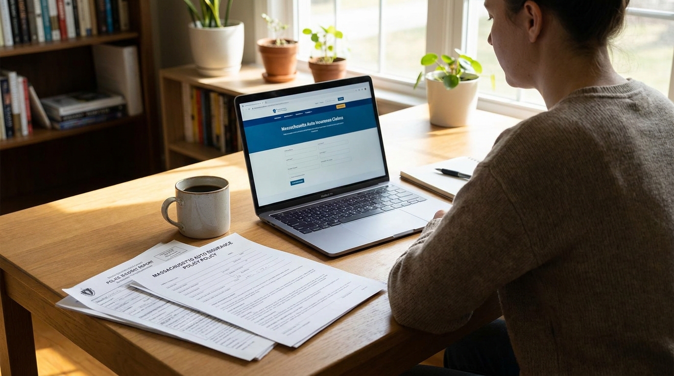 Boston Police Report and MA Auto Insurance Claim Online person reviewing Massachusetts Auto Insurance Claims website on laptop with policy documents on desk