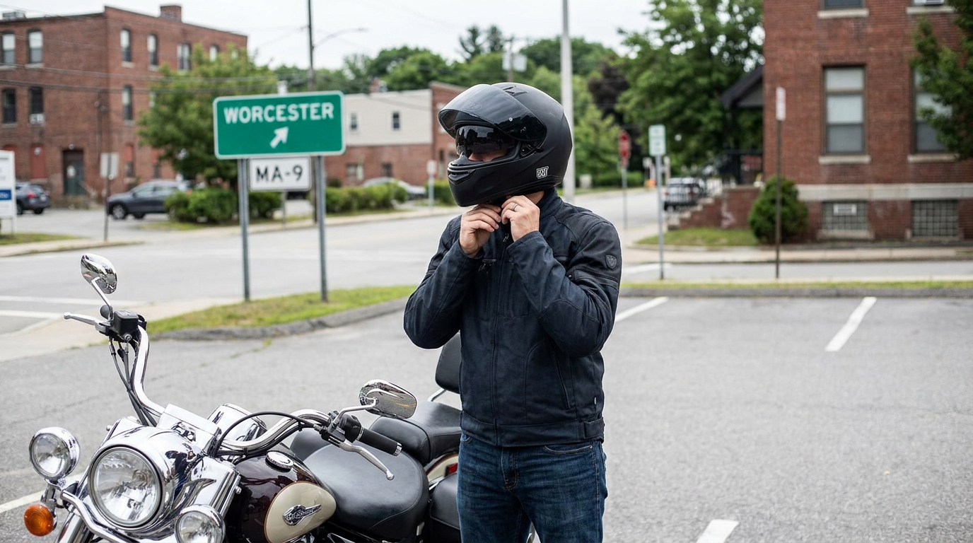 motorcyclist fastening full-face helmet beside motorcycle near Worcester MA-9 road sign