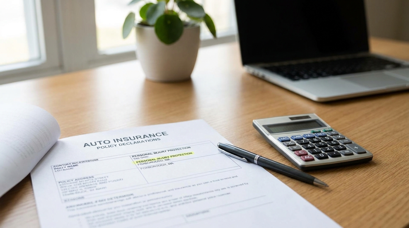 Auto Insurance Policy Declarations document with highlighted Personal Injury Protection section and calculator