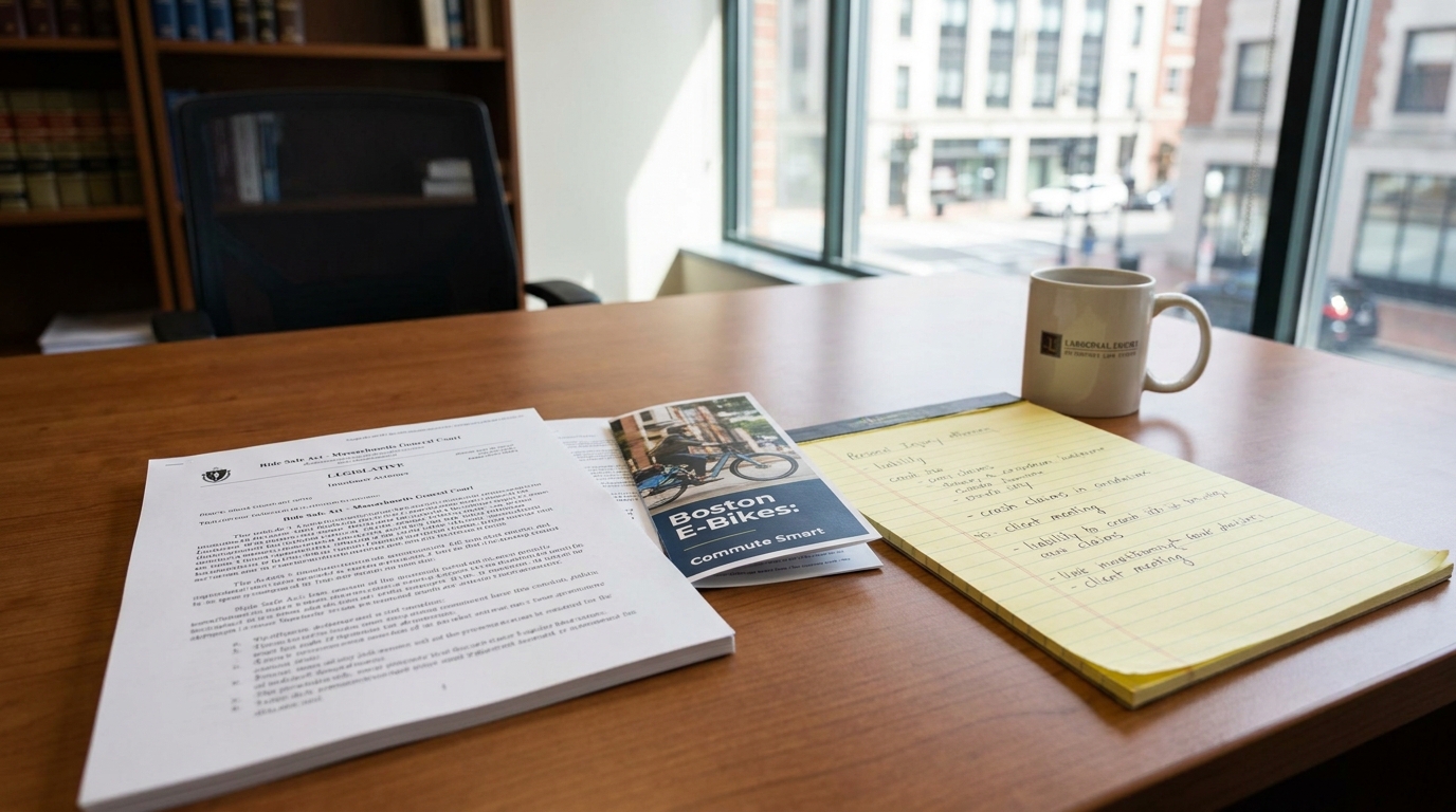 Boston Attorney Desk Ride Safe Act E-Bike Injury Claim Ride Safe Act Massachusetts General Court document beside Boston E-Bikes brochure and legal notepad on law office desk
