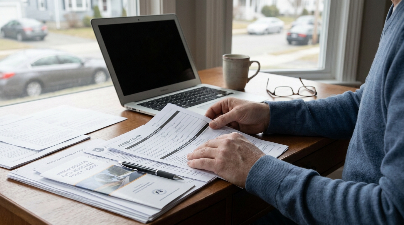 Worcester MA Shared Fault Accident Claim Insurance Documents person reviewing accident claim form and Massachusetts auto insurance policy guide at desk