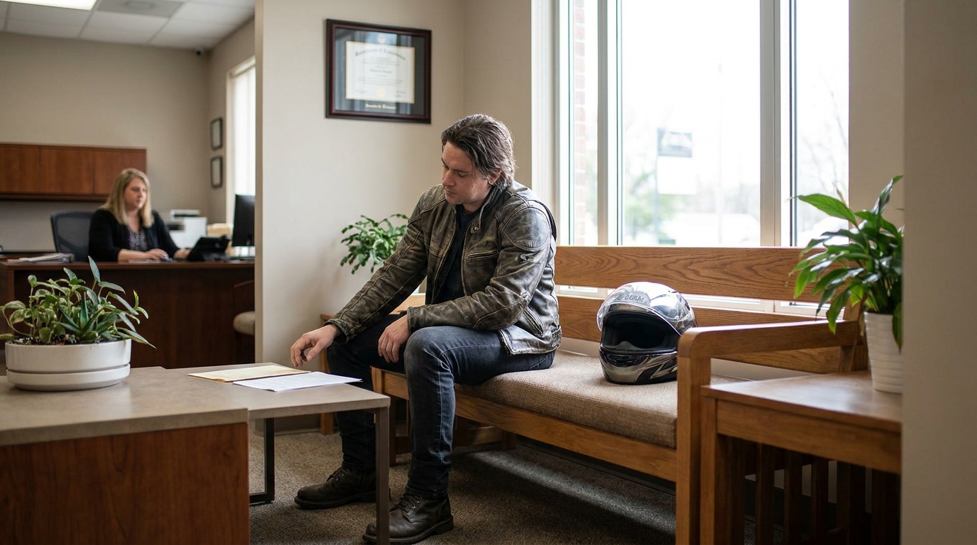 Foxborough Motorcycle Accident Rider Waiting at Law Office motorcyclist with helmet seated in law firm waiting area reviewing documents
