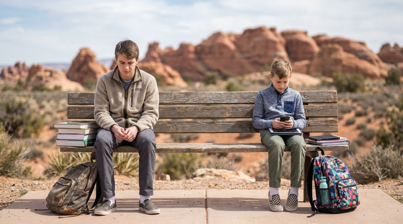 Two Utah Teens Sitting Apart on Bench Red Rocks two boys sitting apart on outdoor bench with backpacks, books, and smartphone