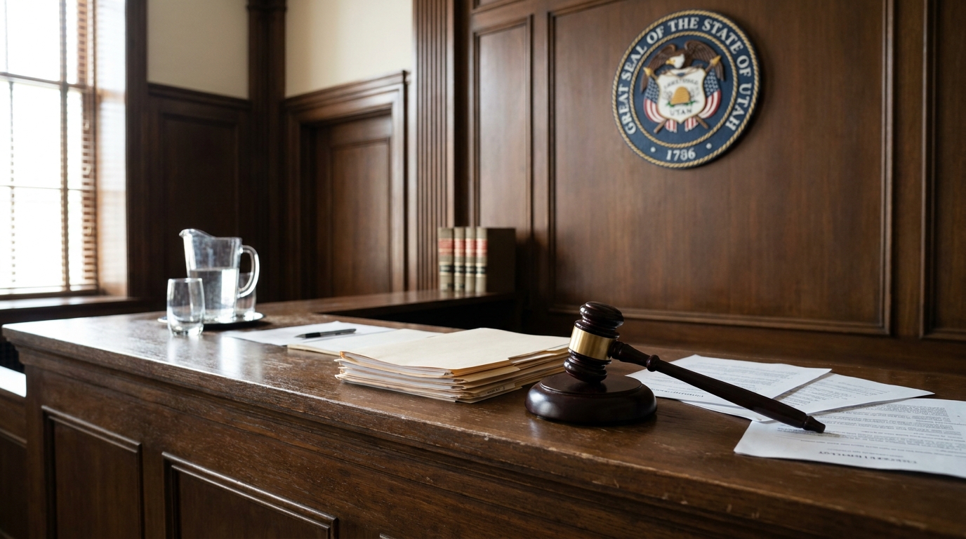 Utah courtroom judge's bench with gavel, legal documents, and Great Seal of Utah