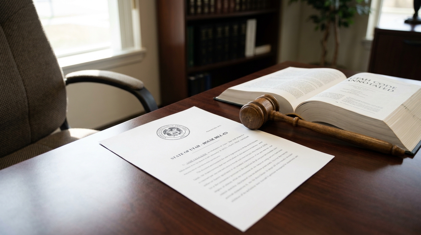 State of Utah House Bill document, gavel, and open annotated legal code on desk