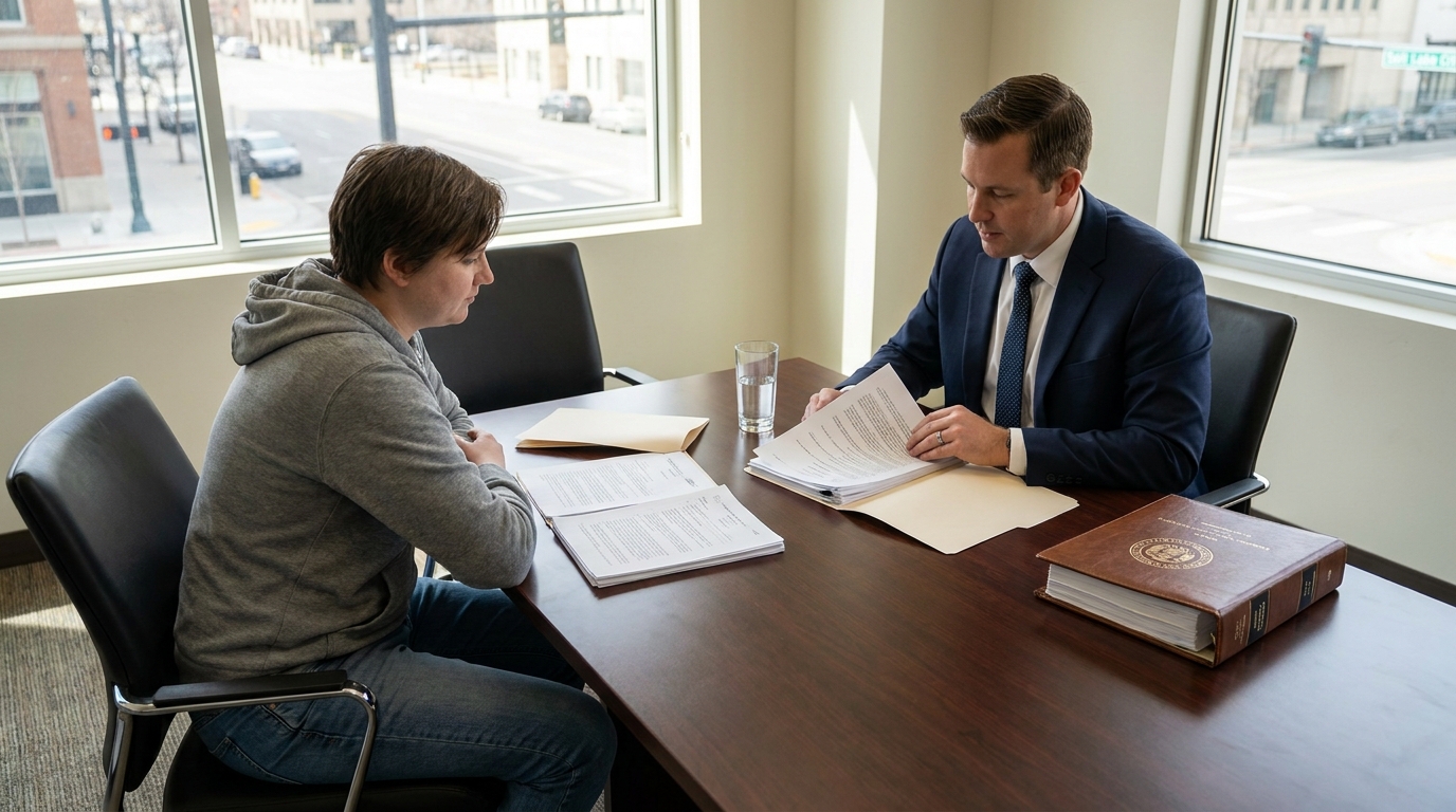 Salt Lake City Drug Lawyer Consulting First Time Offense Client suited attorney reviewing legal documents with client across conference table