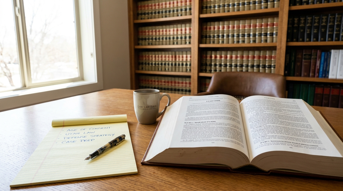 Utah Code Book and Defense Notes Salt Lake City Law Office open Utah Code book beside legal notepad listing age of consent defense strategy