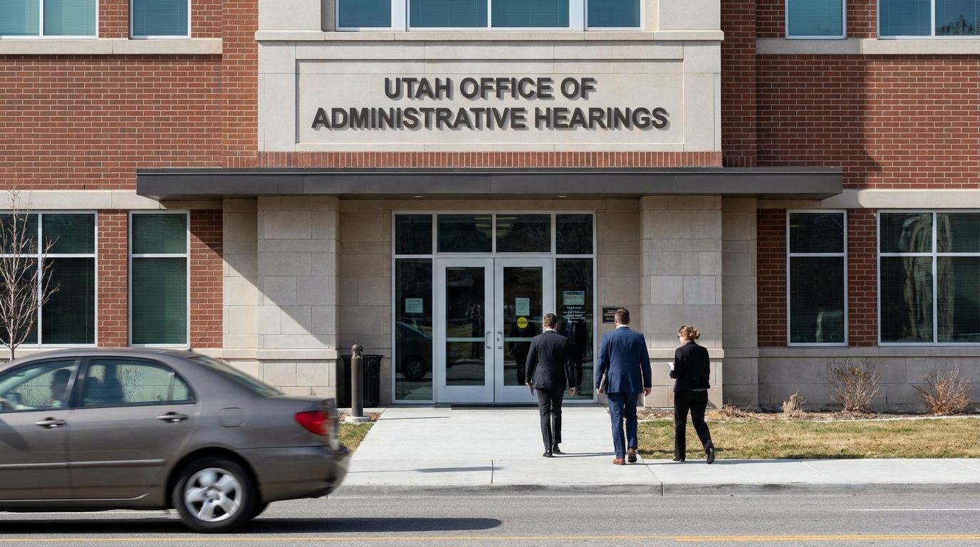 Utah Office of Administrative Hearings DUI Hearing Salt Lake City three professionals in suits entering Utah Office of Administrative Hearings building