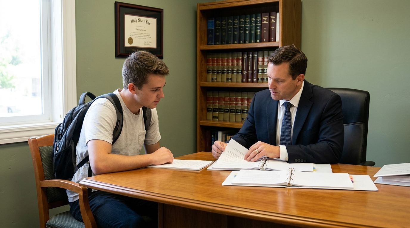 Salt Lake City Drug Lawyer Consulting First-Time Offense Client attorney reviewing legal documents with young client in office with Utah State Bar certificate