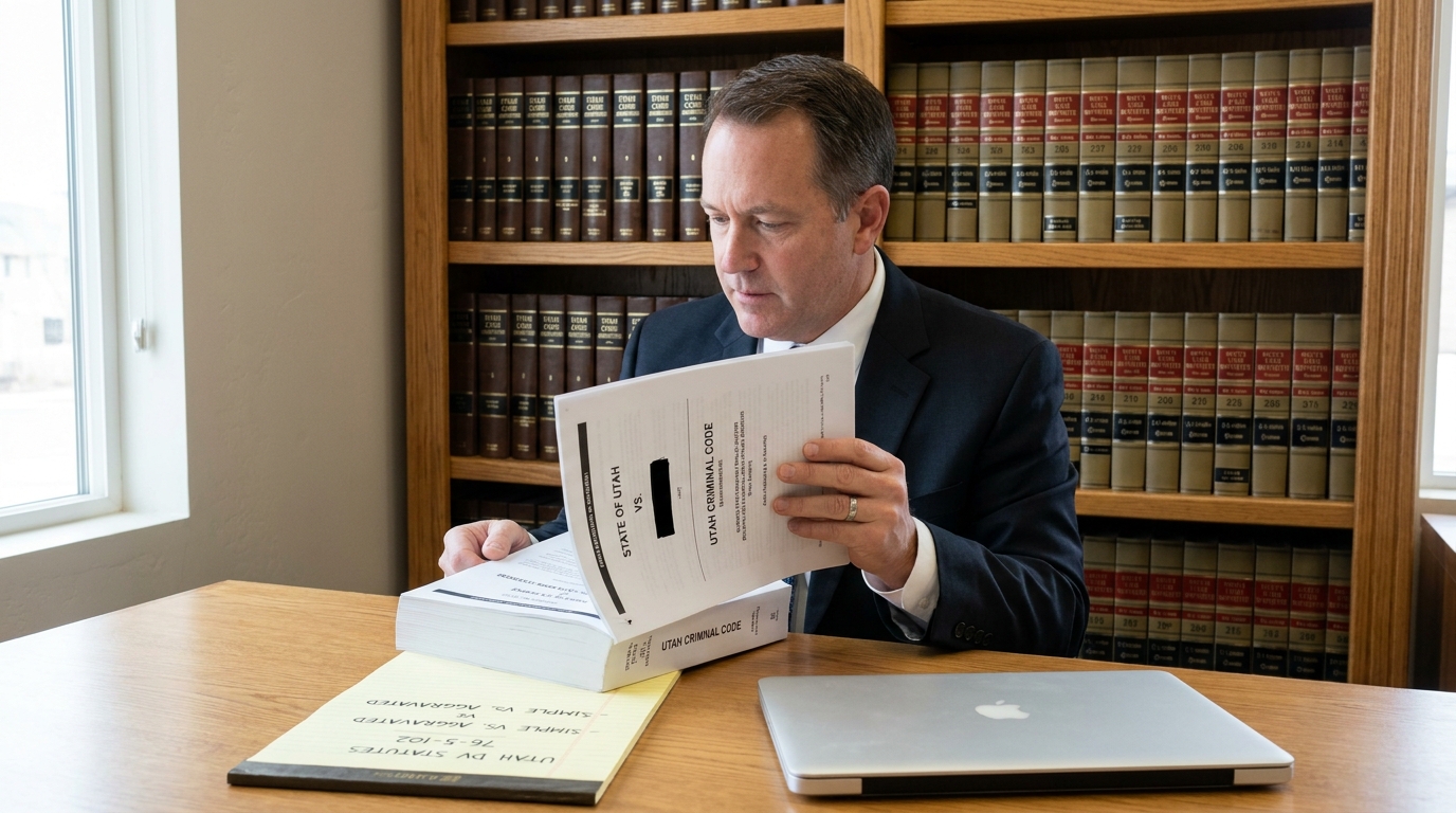 attorney reviewing Utah Criminal Code document at desk with law library behind