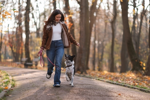 woman walking leashed spotted dog along tree-lined park path in autumn