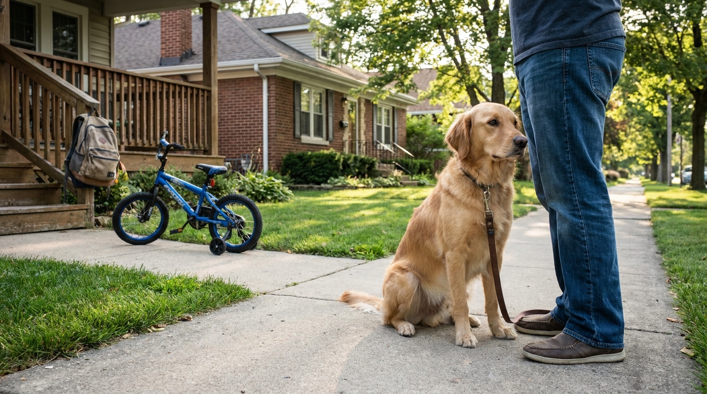 Leashed Dog Near Child's Bike on Aurora Illinois Sidewalk leashed golden retriever sitting on residential sidewalk beside owner near house