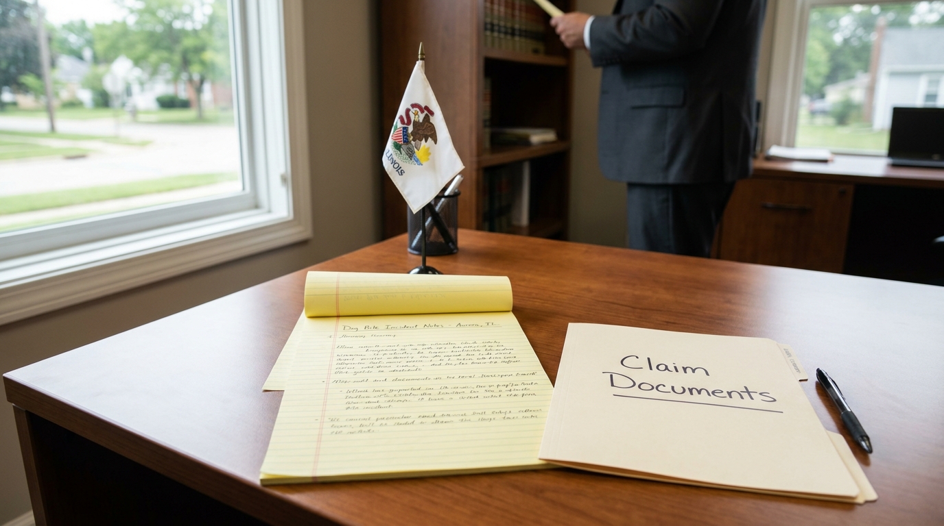 Aurora Illinois Dog Bite Claim Documents With Attorney Claim Documents folder and handwritten incident notes on attorney's desk with Illinois state flag