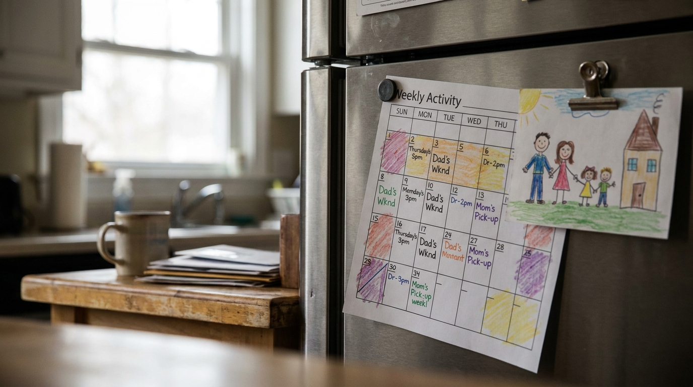 Rock Hill SC Noncustodial Parent Visitation Schedule Calendar Weekly Activity custody calendar and child's family drawing posted on refrigerator