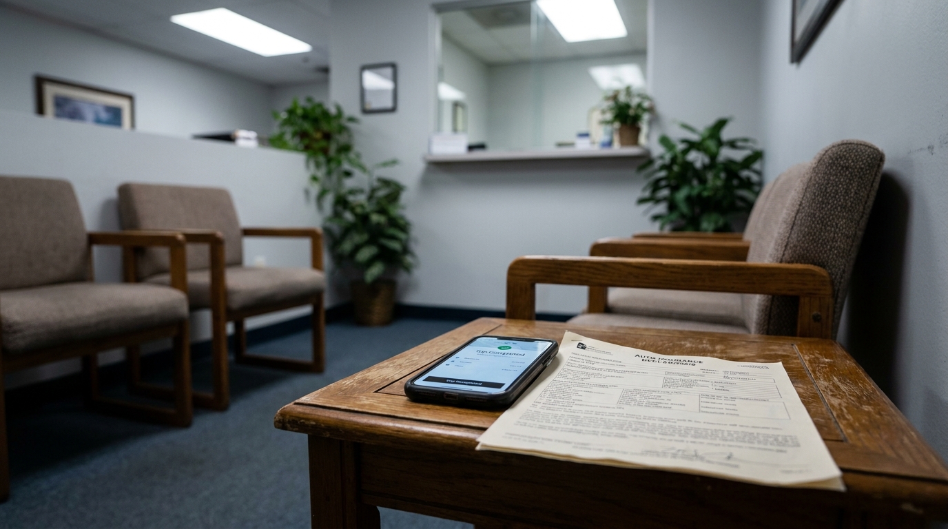 Miami Uber Crash Insurance Claim Office With Phone auto insurance declaration document and smartphone resting on law office waiting room table