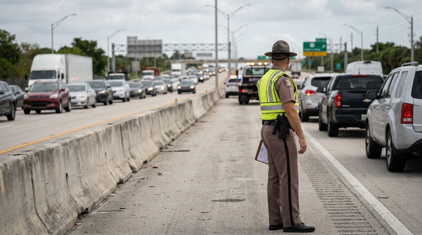 Florida Trooper Managing Palmetto Expressway Crash Scene Miami uniformed highway patrol officer holding clipboard standing on busy multi-lane highway