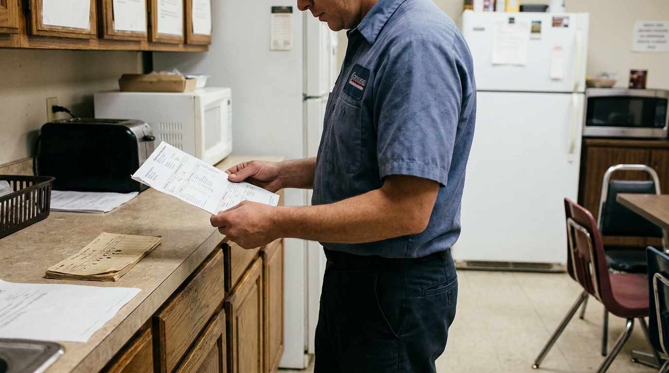 uniformed male worker reviewing printed work order document in workplace break room