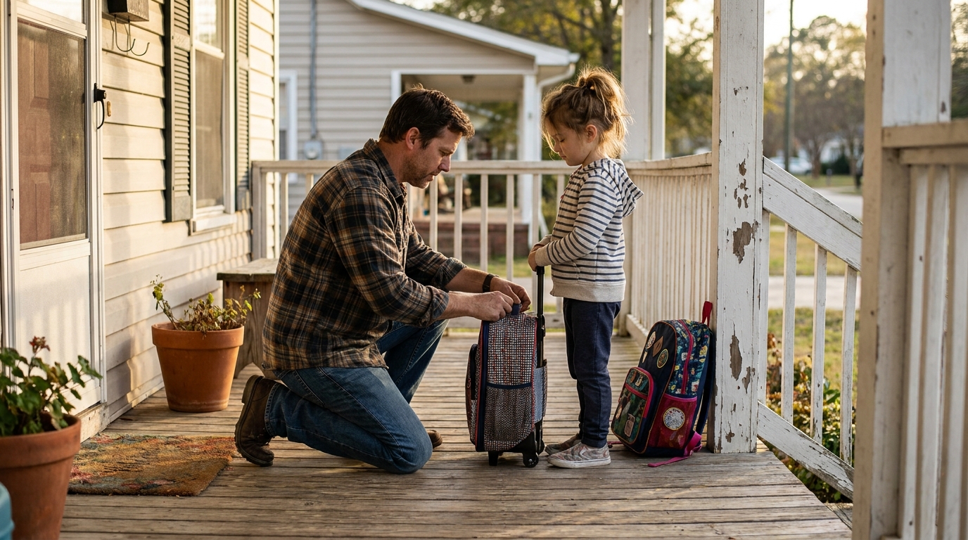 Father Helping Daughter With Luggage During Custody Exchange Rock Hill SC father kneeling on porch helping young child with rolling luggage and backpack