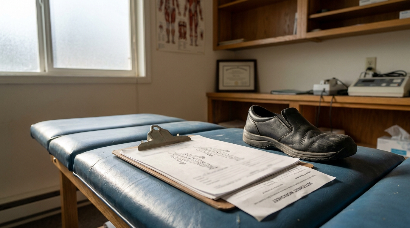 Miami Slip and Fall Settlement Worksheet Medical Exam Table settlement worksheet and work shoe on medical examination table in clinic