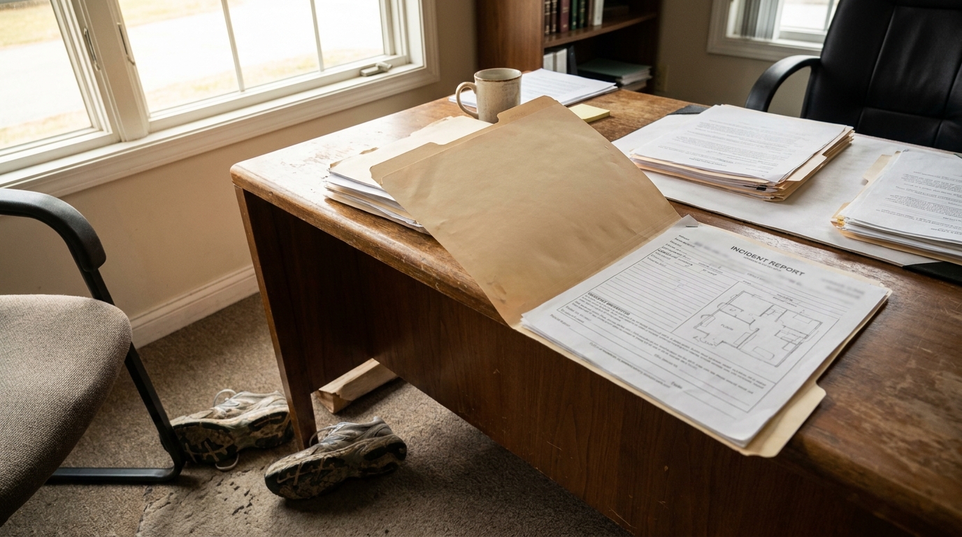 Fort Lauderdale Slip and Fall Incident Report Attorney Desk Incident report document and manila folders spread across wooden office desk