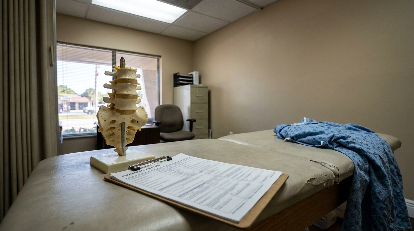 Fort Lauderdale Spine Injury Claim Medical Exam Room spinal anatomy model and insurance claim form on medical examination table