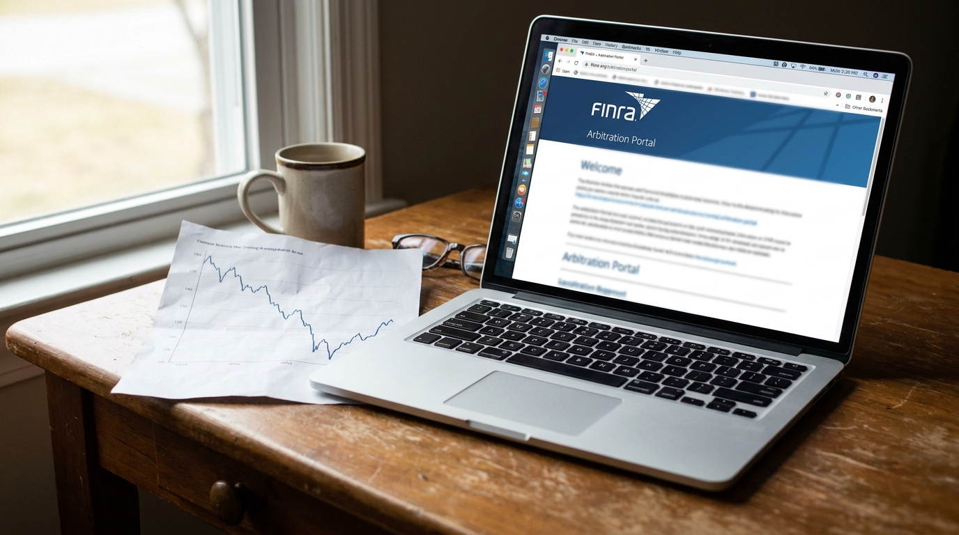 laptop displaying FINRA Arbitration Portal website beside financial chart document