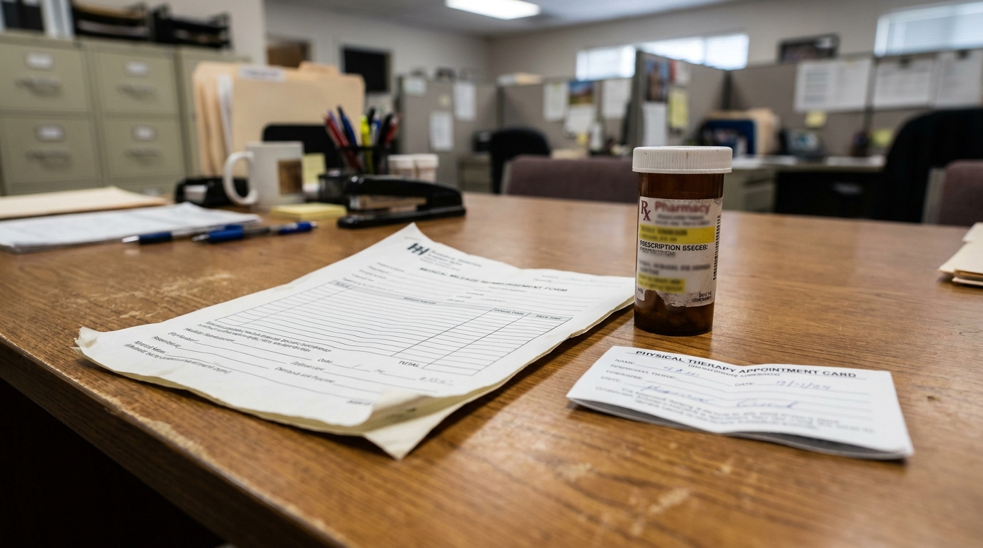 Las Vegas Workers Comp Approved Benefits Medical Documents RX pharmacy bottle, medical form, and physical therapy appointment card on desk