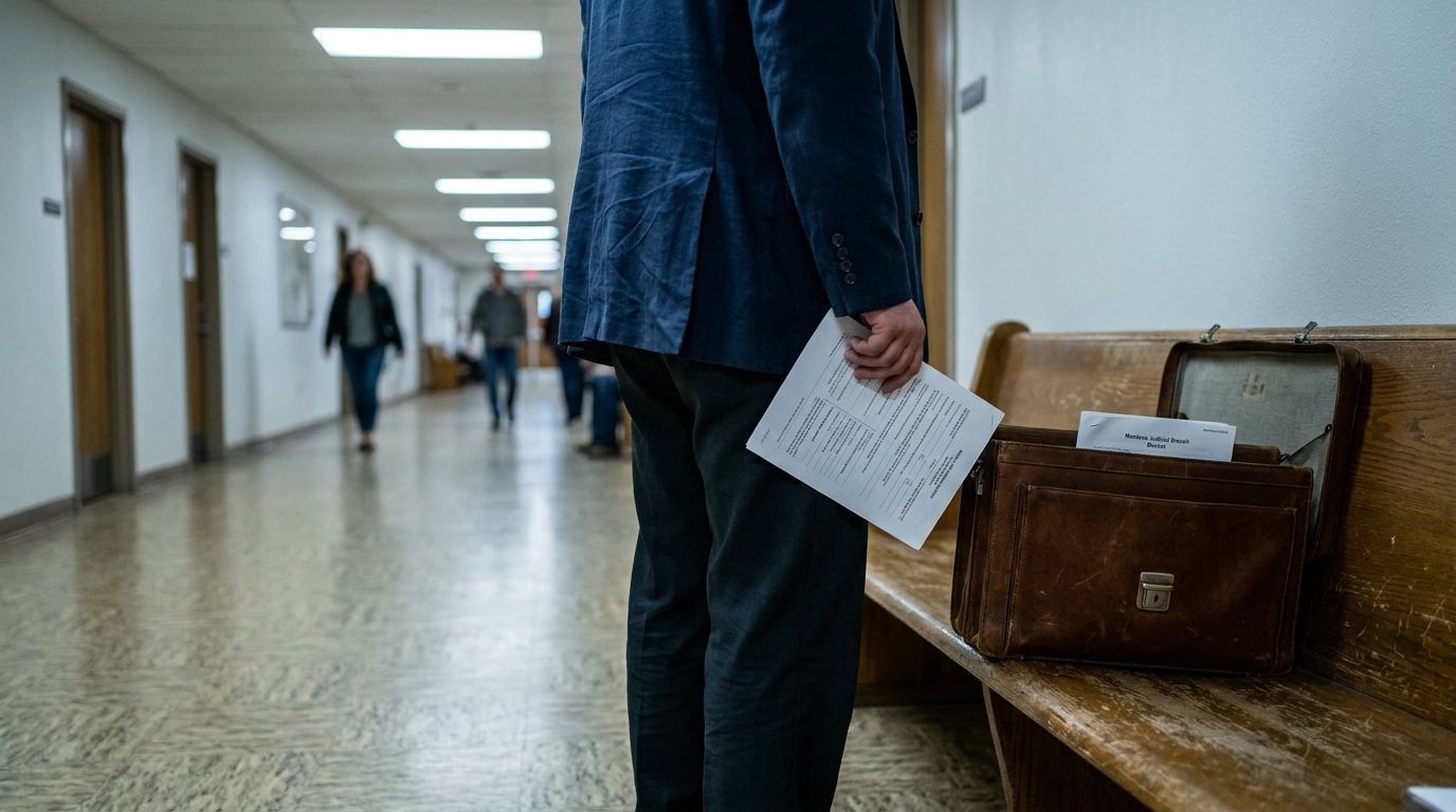 DUI Defense Attorney in Missoula Montana Courthouse Hallway attorney holding legal documents beside briefcase in courthouse hallway