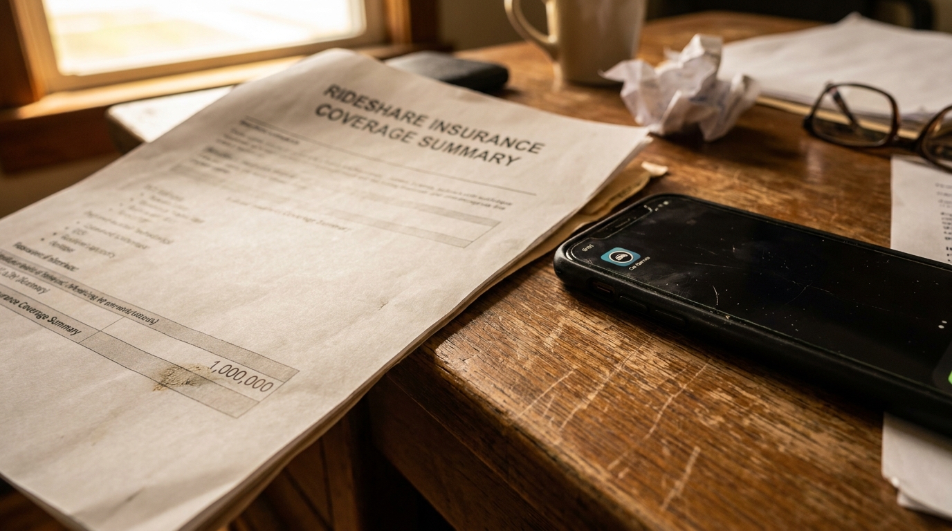 Rideshare Insurance Coverage Summary document showing $1,000,000 limit beside smartphone on wooden desk