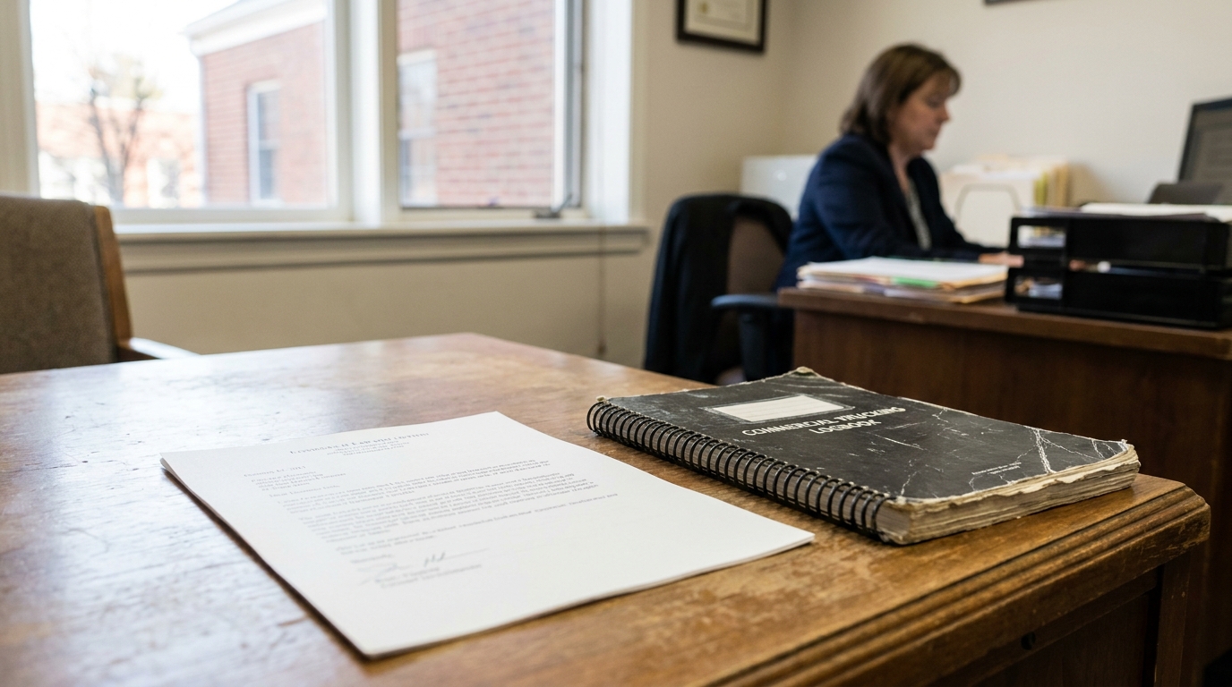 Commercial trucking logbook and legal document on desk with attorney working in background