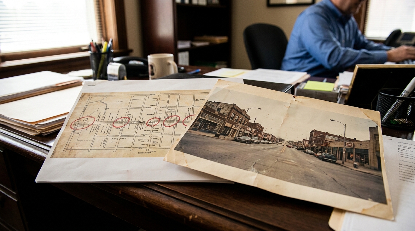 Kansas City Car Accident Lawyer Reviewing Truman Road Map vintage street map with red markings and old photographs on attorney's desk