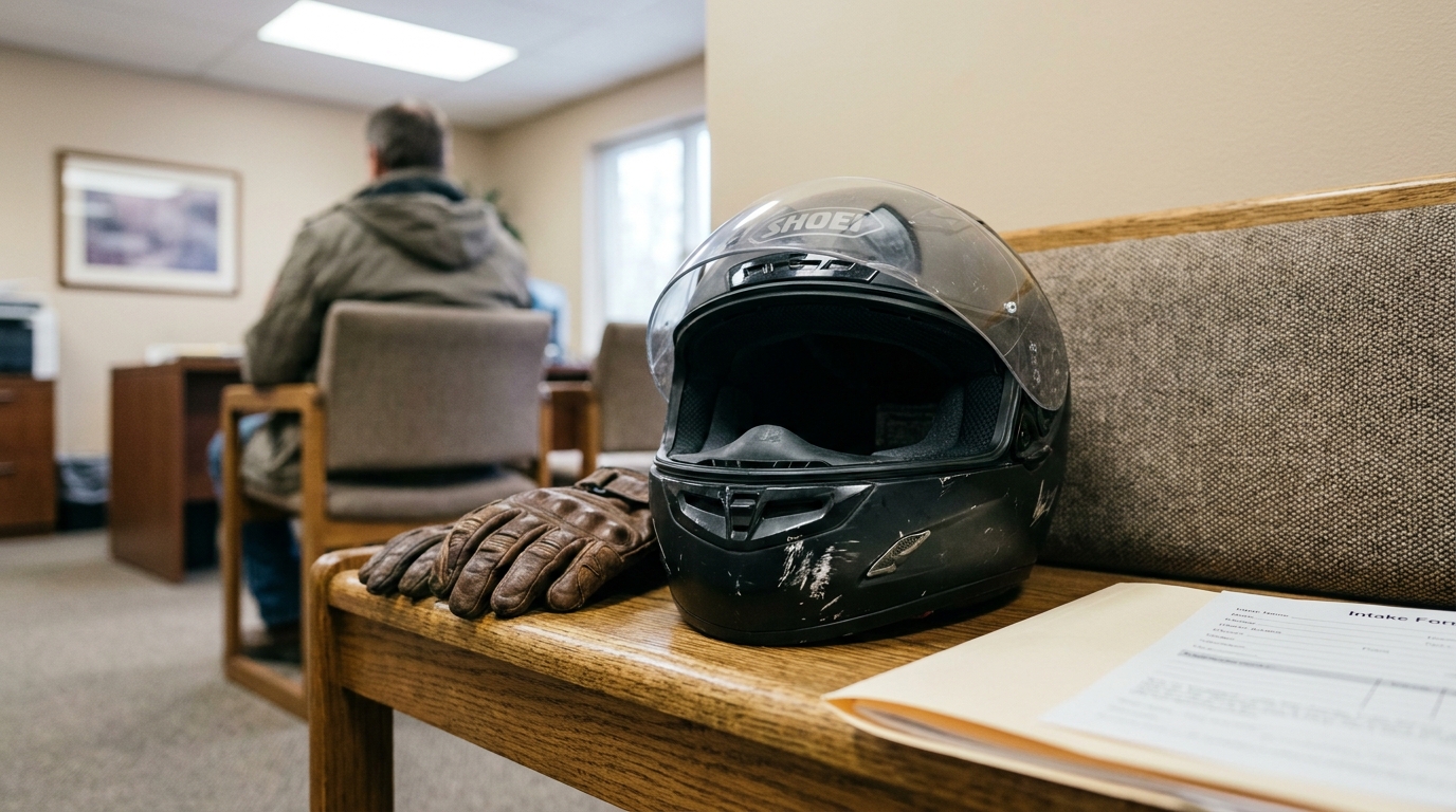 Shoei motorcycle helmet and gloves beside intake form in law office waiting area