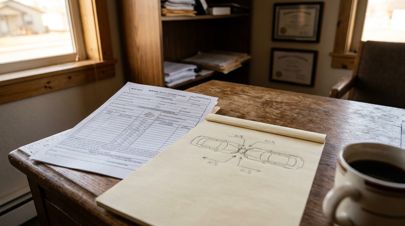 Missoula Attorney Desk With Montana Accident Report and Fault Diagram Montana Traffic Accident Report and hand-drawn collision diagram on attorney's desk
