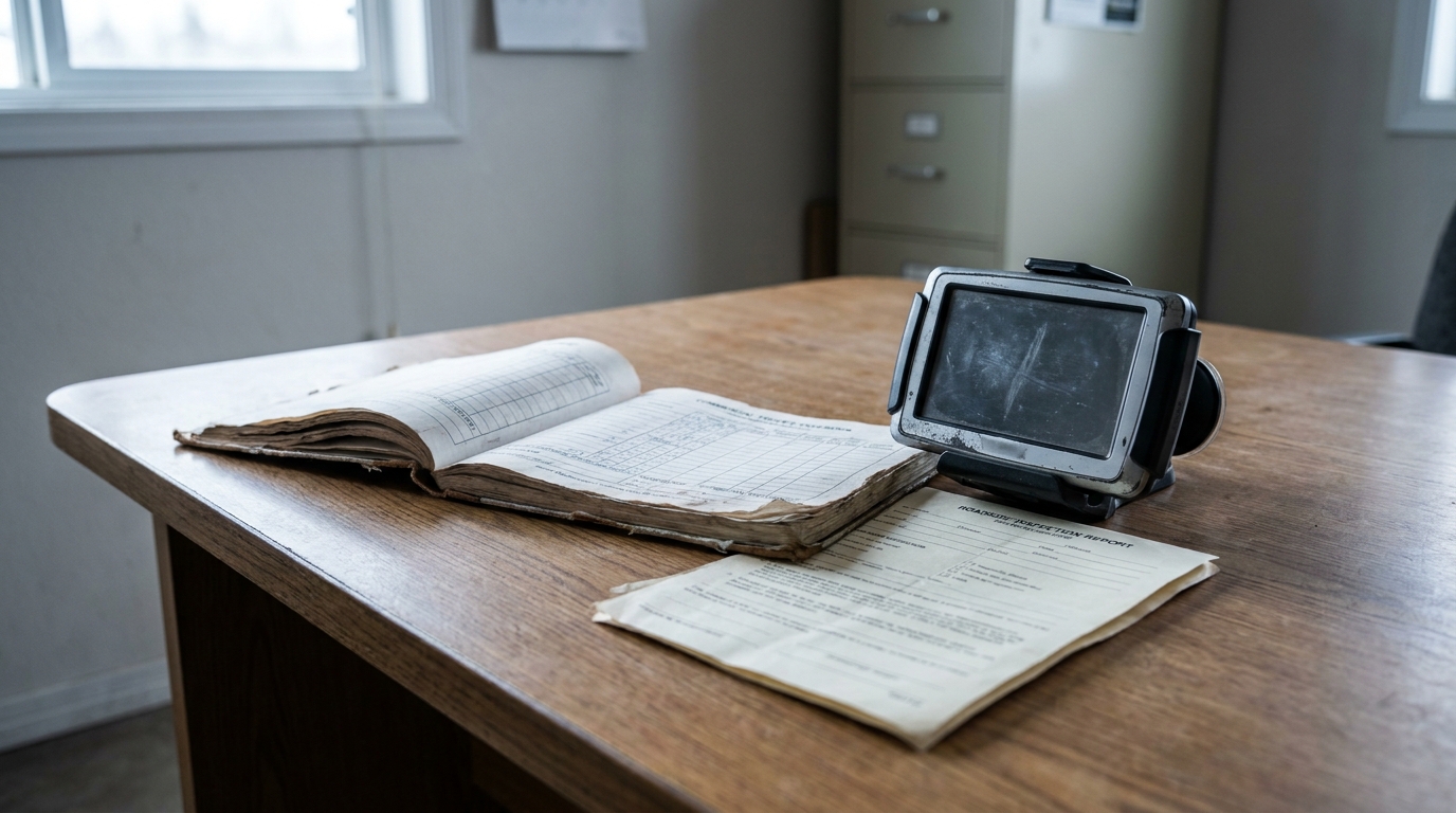 Roadside inspection report, worn logbook, and GPS device on wooden desk