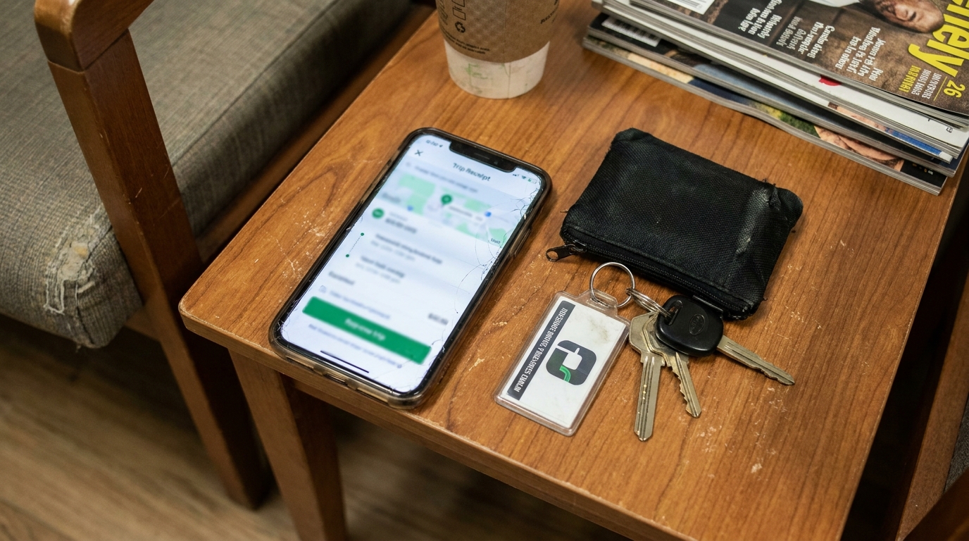 smartphone displaying rideshare trip receipt beside keys with Uber keychain and wallet