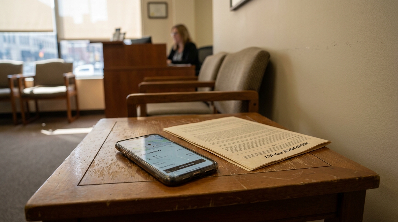 smartphone displaying Uber app beside insurance policy document on wooden table in law office