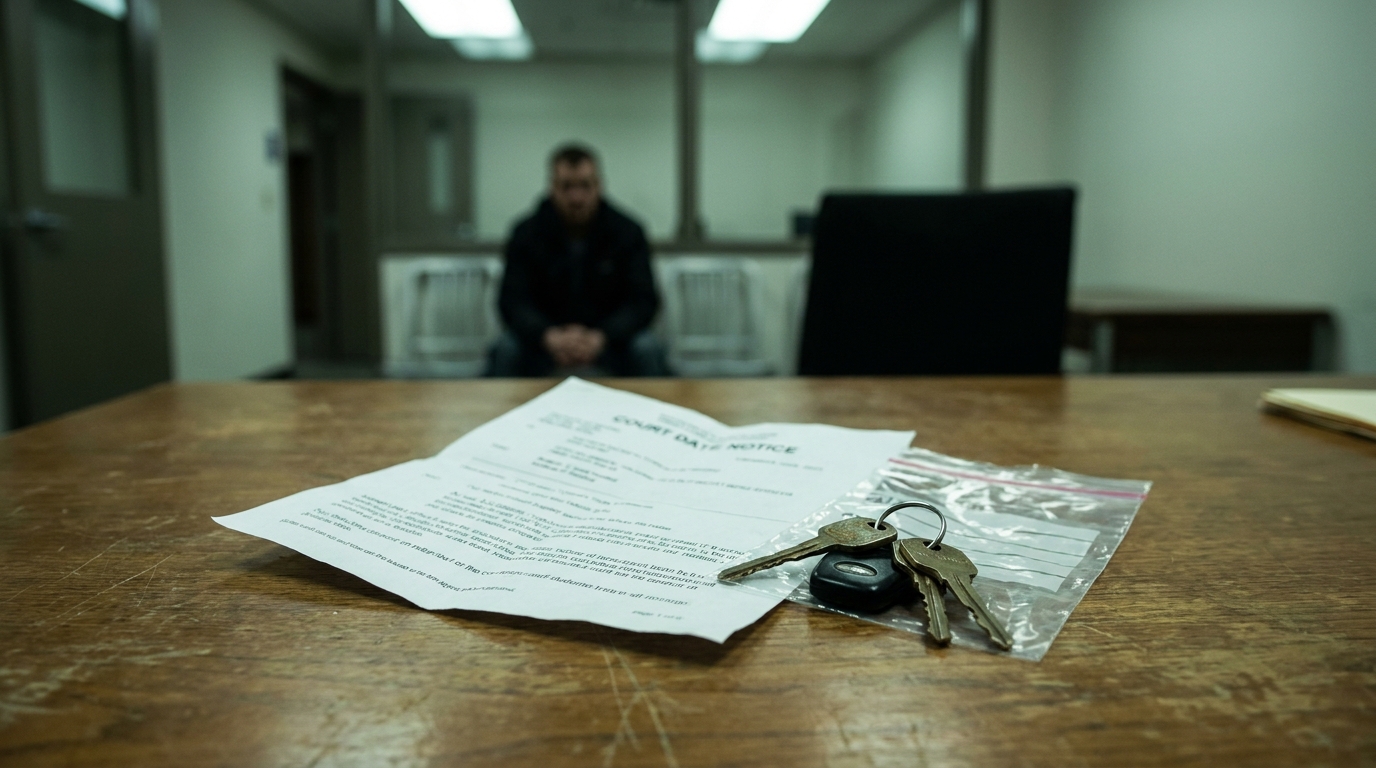 First DUI Offense Court Date Notice Missoula Montana Court date notice document and car keys on table with detained person seated behind