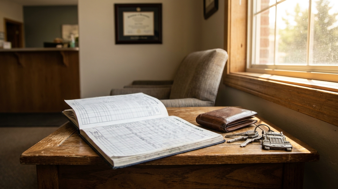 open ledger book, leather wallet, and keys on wooden desk in office