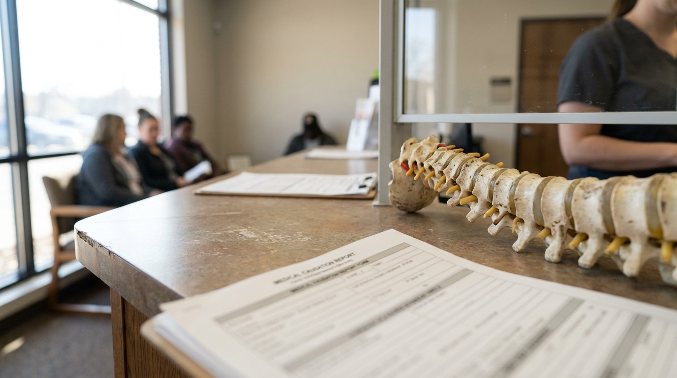 spinal anatomy model and medical causation report on clinic reception desk