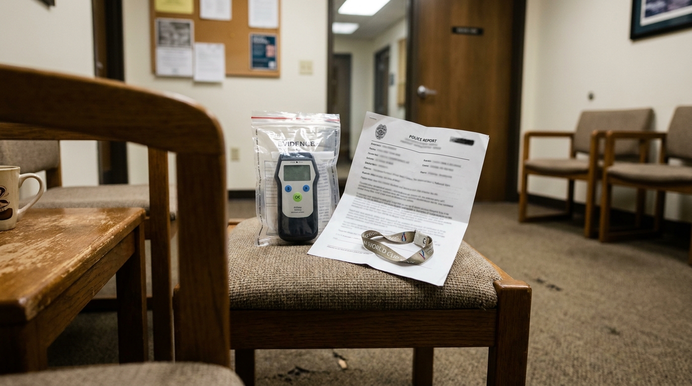 Kansas City DUI Evidence Breathalyzer Police Report World Cup evidence bag, breathalyzer device, and police report document on chair