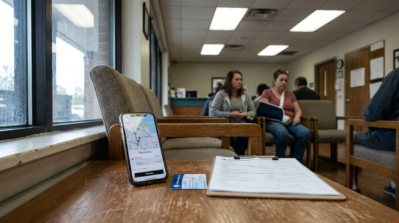 medical waiting room with clipboard form, smartphone showing trip summary, and injured patient