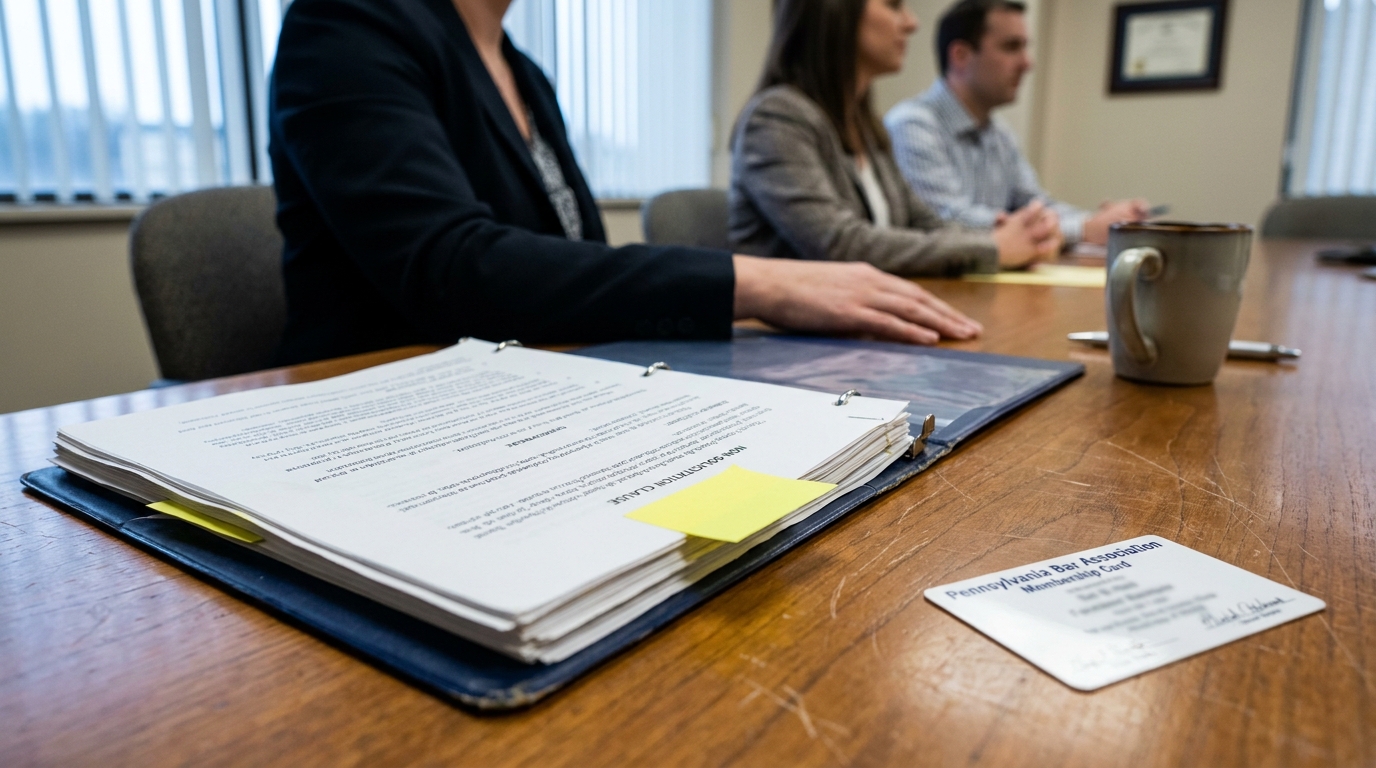 Philadelphia Attorney Reviewing Non-Solicit Agreement Pennsylvania Pennsylvania Bar Association membership card beside non-solicitation clause binder during legal meeting